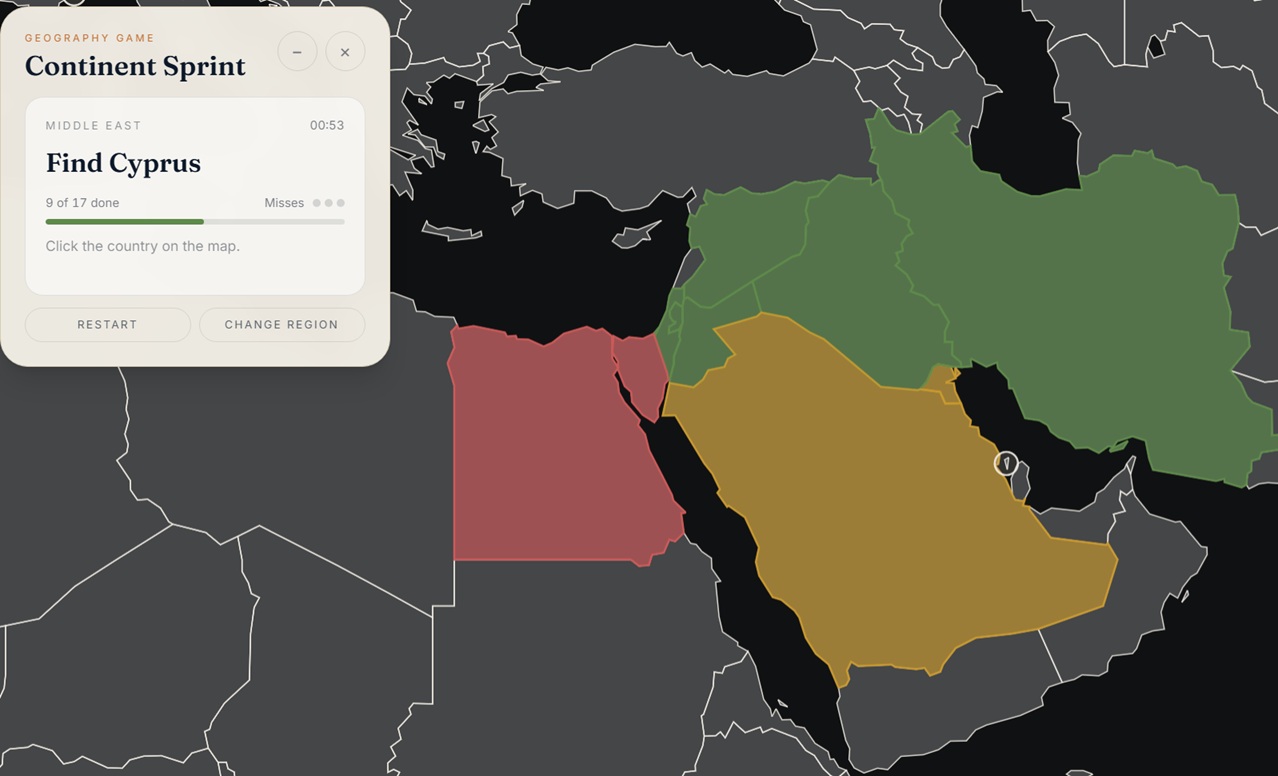 Continent Sprint: countries of a region highlighted on a dark world map