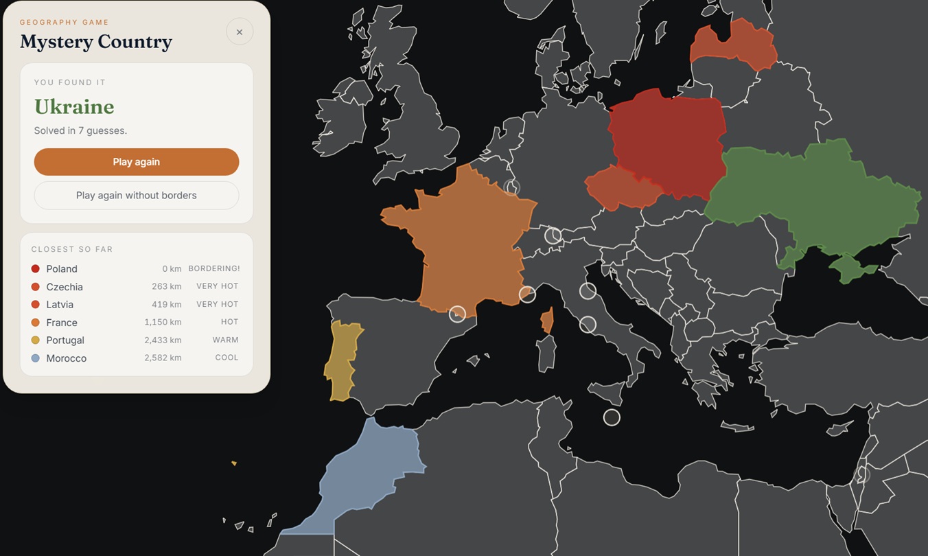 Mystery Country: guessed countries painted in hot and cold colors