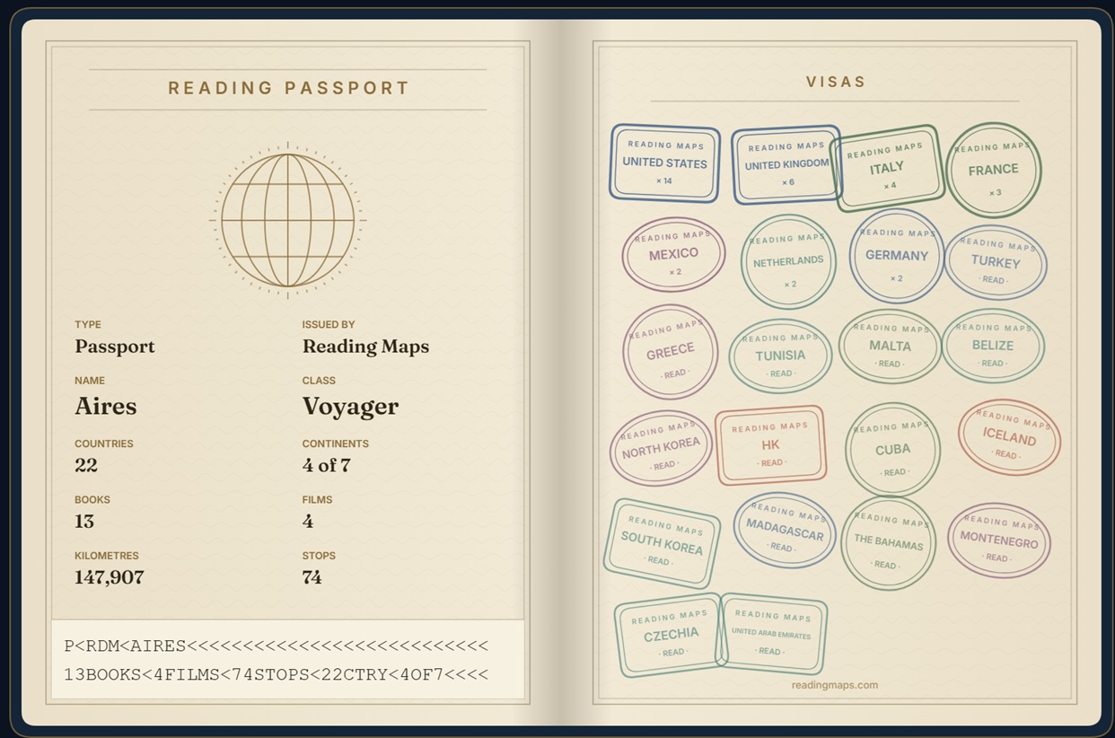 Reading Passport export: an open passport with visa stamps for the countries you've read